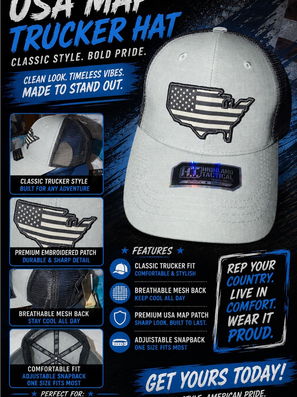 Highland Tactical USA Map Trucker Hat - Gray and Black